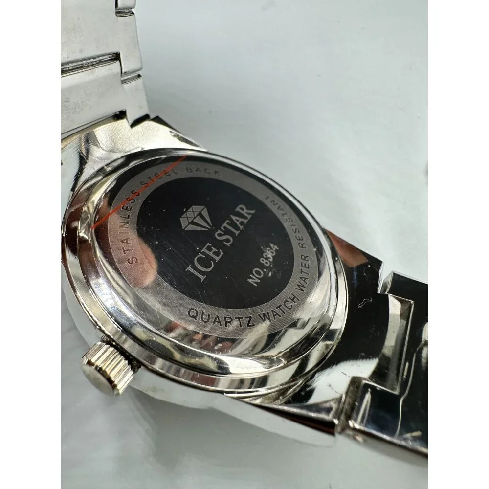 Ice Star Watch Men Silver Tone Nugget 43MM Round New Battery 8.5 Inch